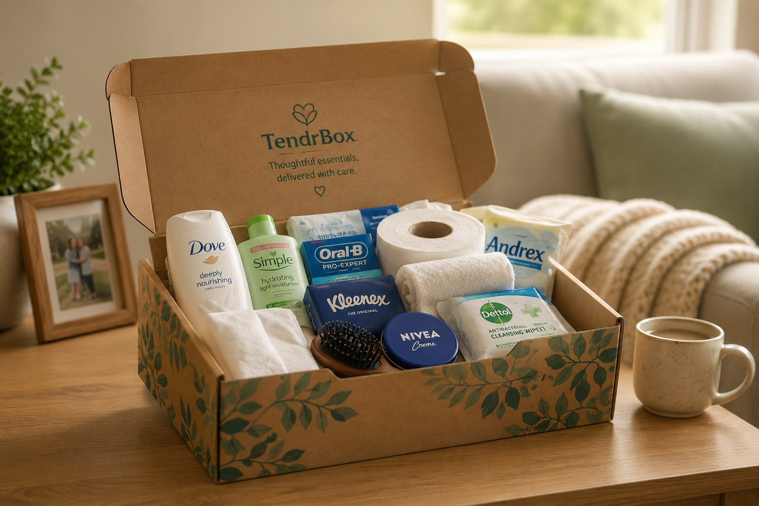 Open TendrBox containing prepared everyday toiletries and personal-care essentials.