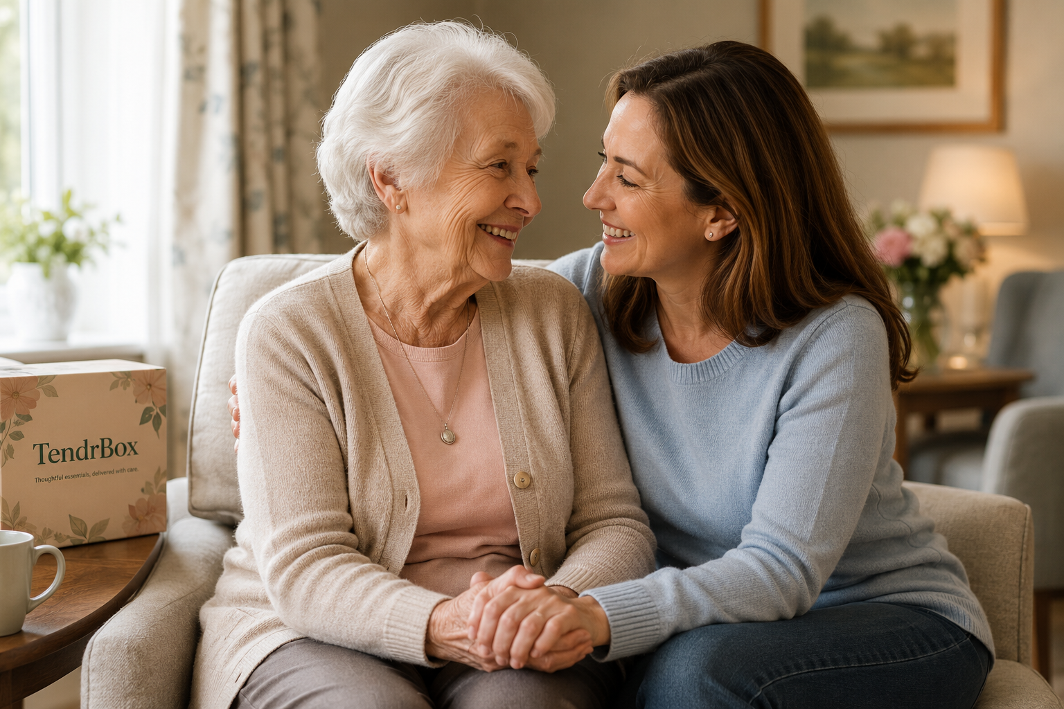 Elderly mother and adult daughter smiling and holding hands together.