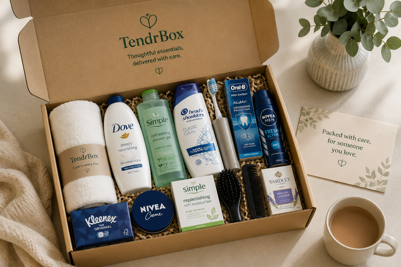 An illustrative open TendrBox containing everyday personal-care products