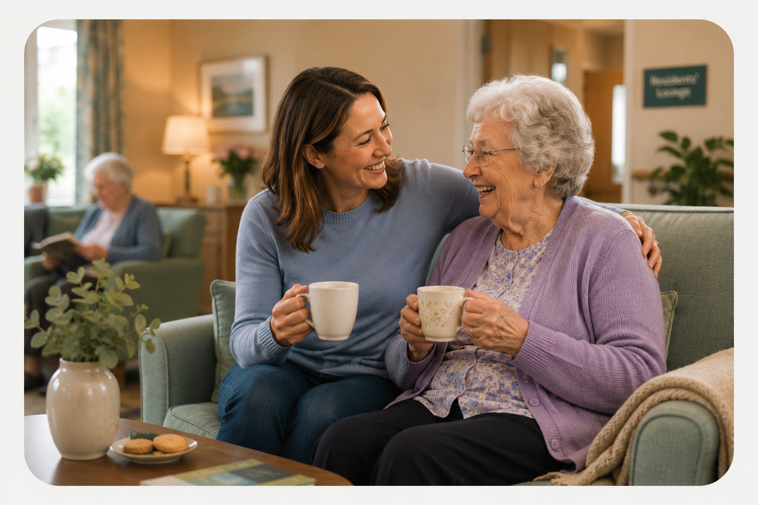 Adult daughter spending relaxed quality time with her elderly mother in a care-home lounge.